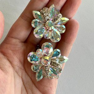 Vintage Retro Midcentury Modern Rhinestone Floral AB Cluster Clip On Earrings